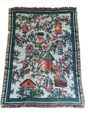 Goodwin Weavers Birdhouses Cotton Tapestry Jacquard Woven Throw Blanket Vtg USA